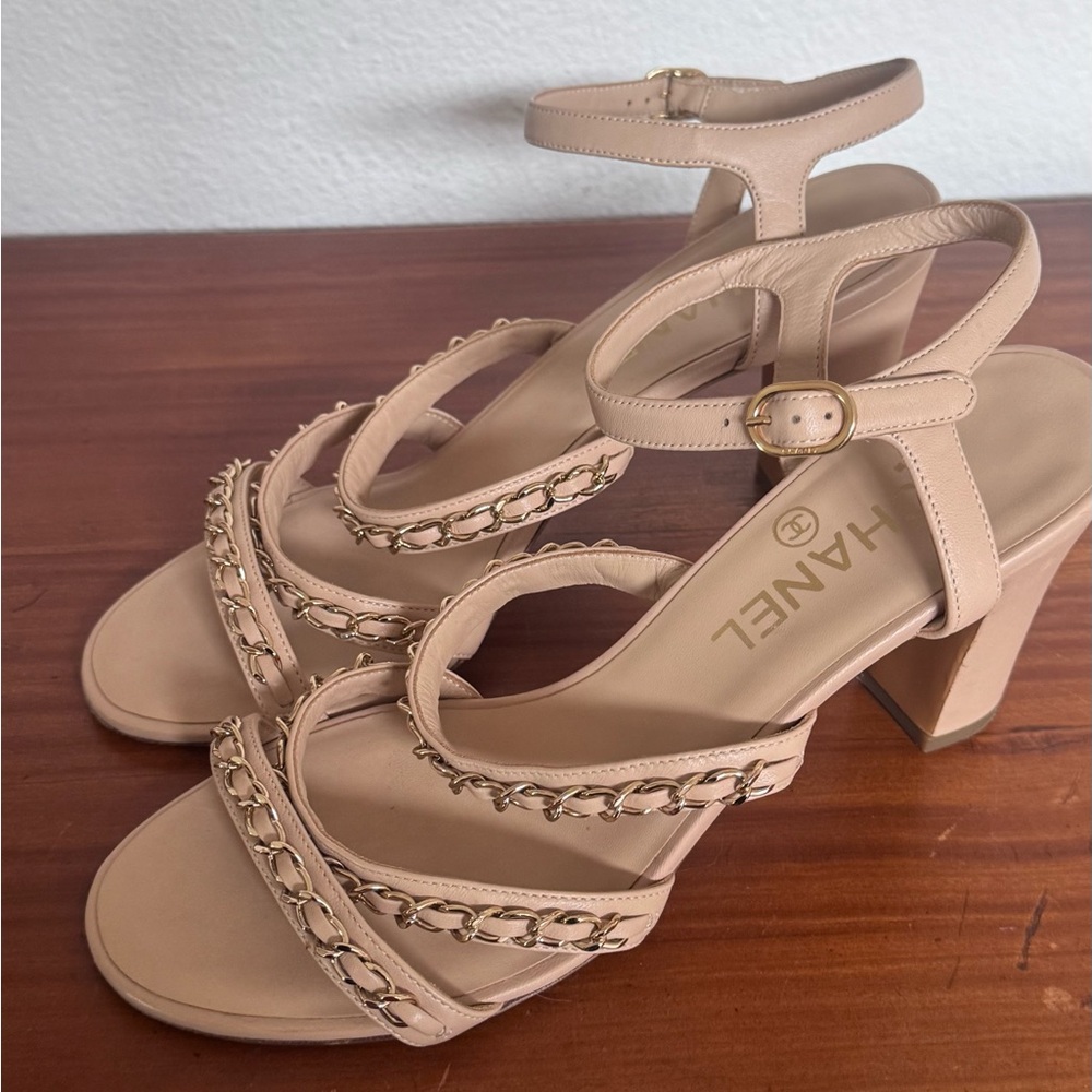 Chanel Women's Tan GHW Chain Heeled Sandals